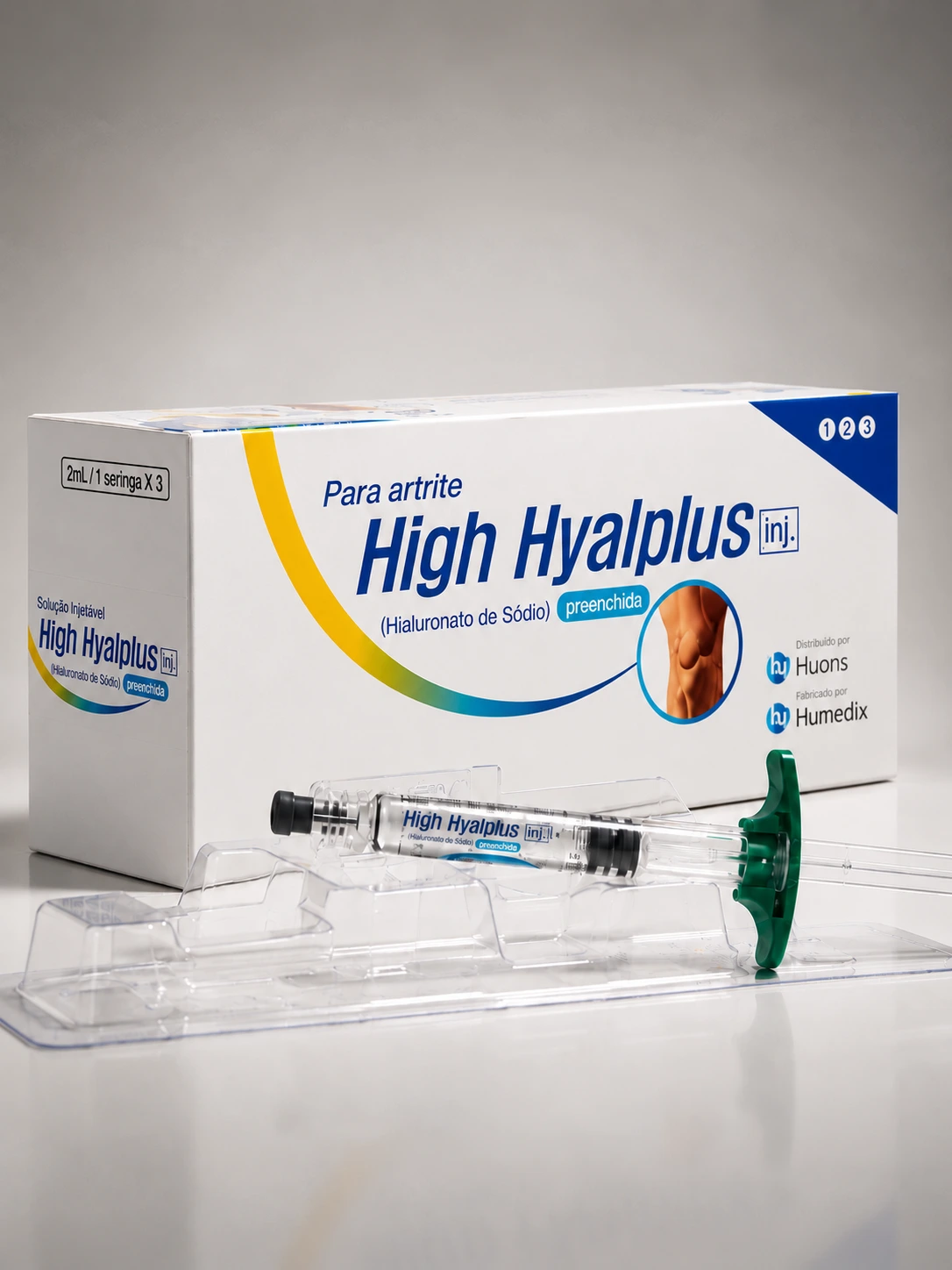 Caixa do High Hyalplus e seringa pré-preenchida, com a embalagem em português
