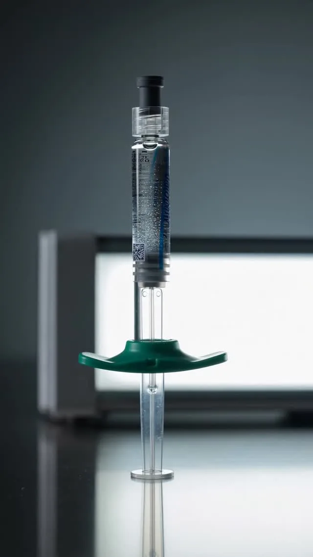 Seringa pré-preenchida Humedix com uma gota de ácido hialurônico